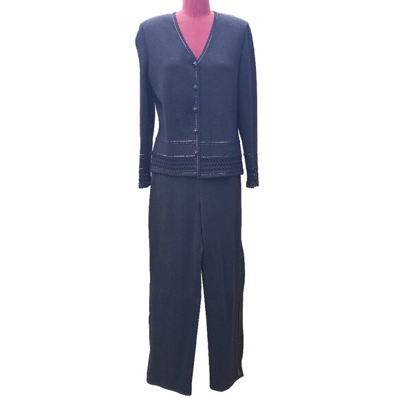 St. John Evening Pant Suit 6 Black Santana Knit Metallic Trim Wide Leg Vintage - Picture 1 of 15
